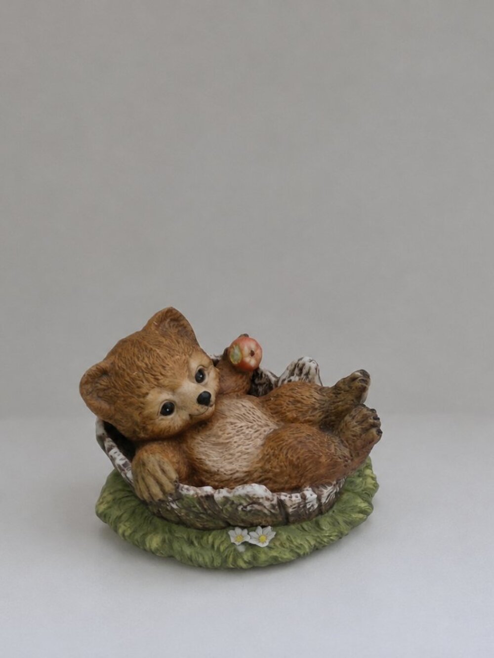 Vintage Teddy Bear Figurine in Basket – Woodland Bear Decor